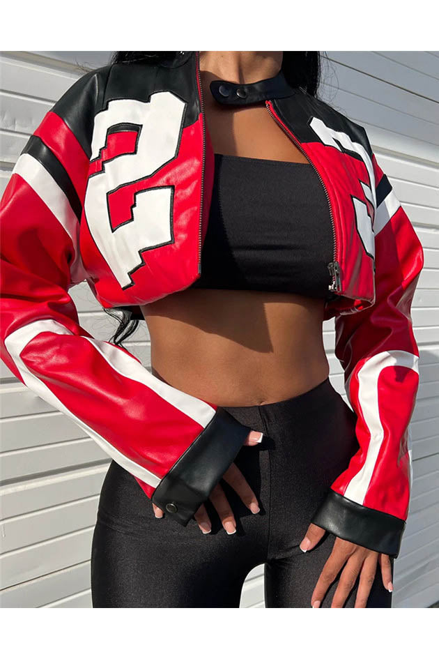 Embroidered Biker Faux Leather Jacket-ROVOLE