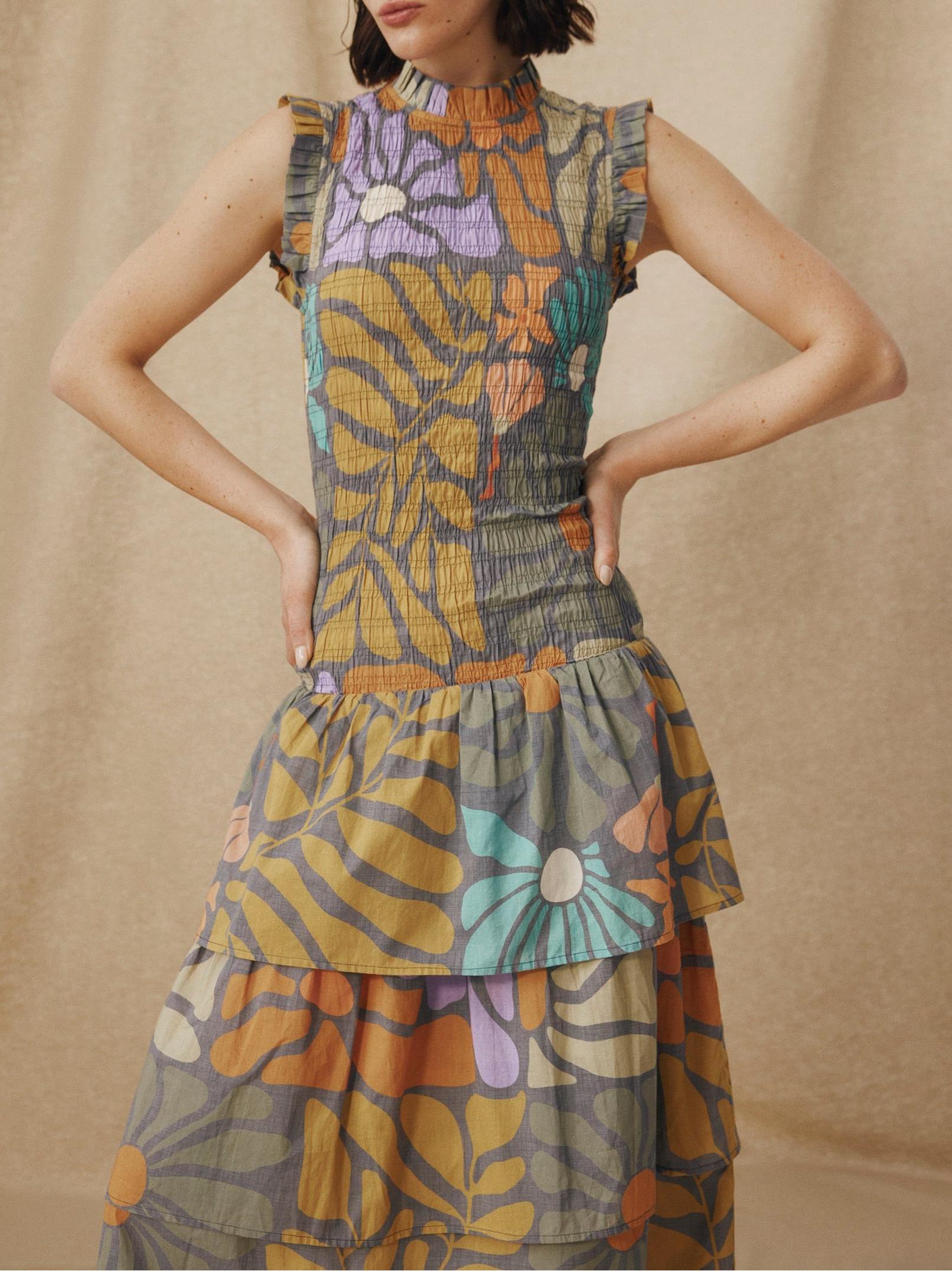 Multicolor Botanical Print Midi Dress-ROVOLE