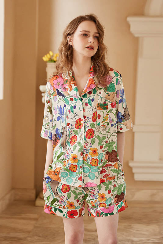 White Forest Garden Print Short Loungewear Set-ROVOLE