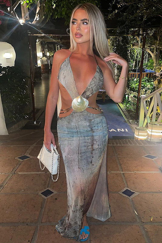 Eve Halterneck Shell Trim Maxi Mesh Dress-ROVOLE