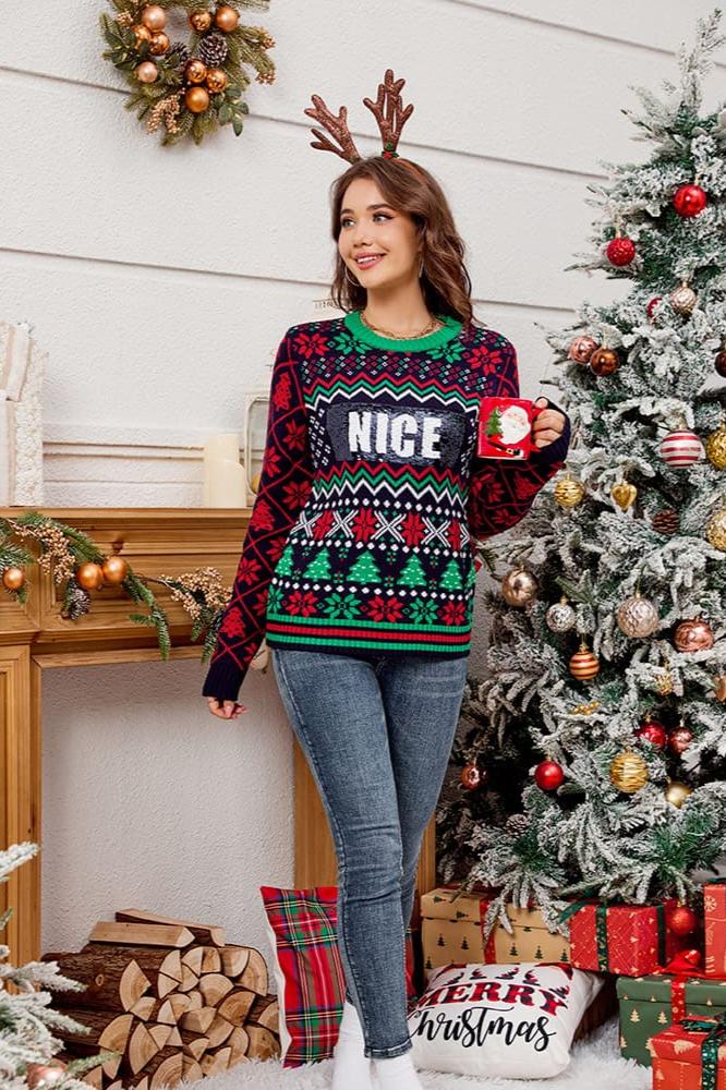 Sequin Embroidered Christmas Jacquard Knitted Sweater-ROVOLE