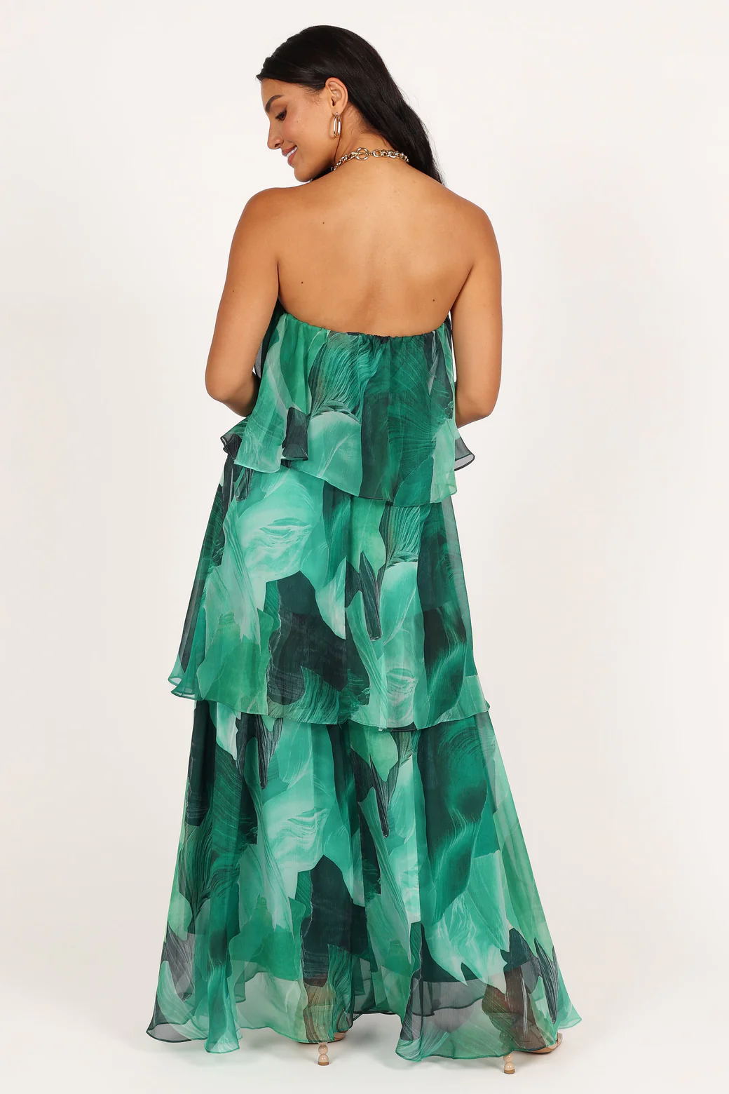 Calista Green Bloom Strapless Tiered Maxi Dress-ROVOLE
