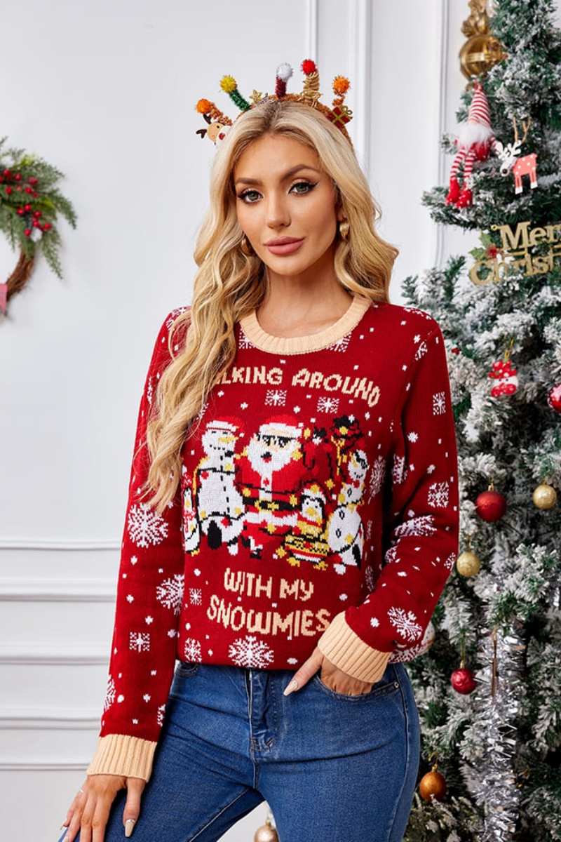 Casual Crewneck Embroidered Sweater – Santa Claus & Penguin-ROVOLE