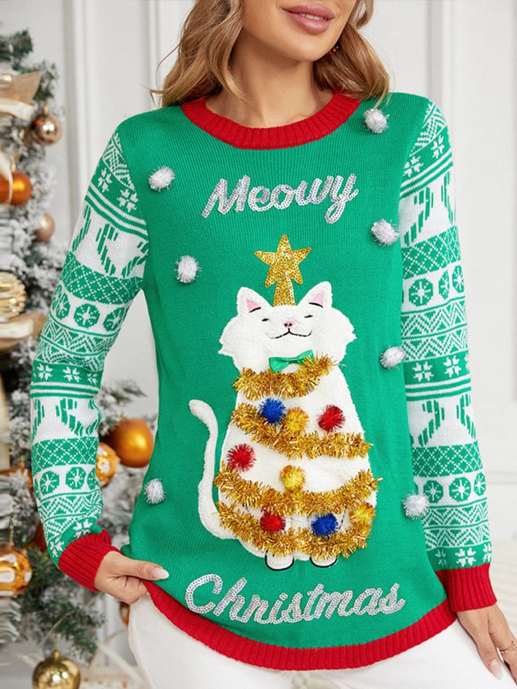 Christmas Long Sleeve Cat Appliqué Round Neck Sweater-ROVOLE
