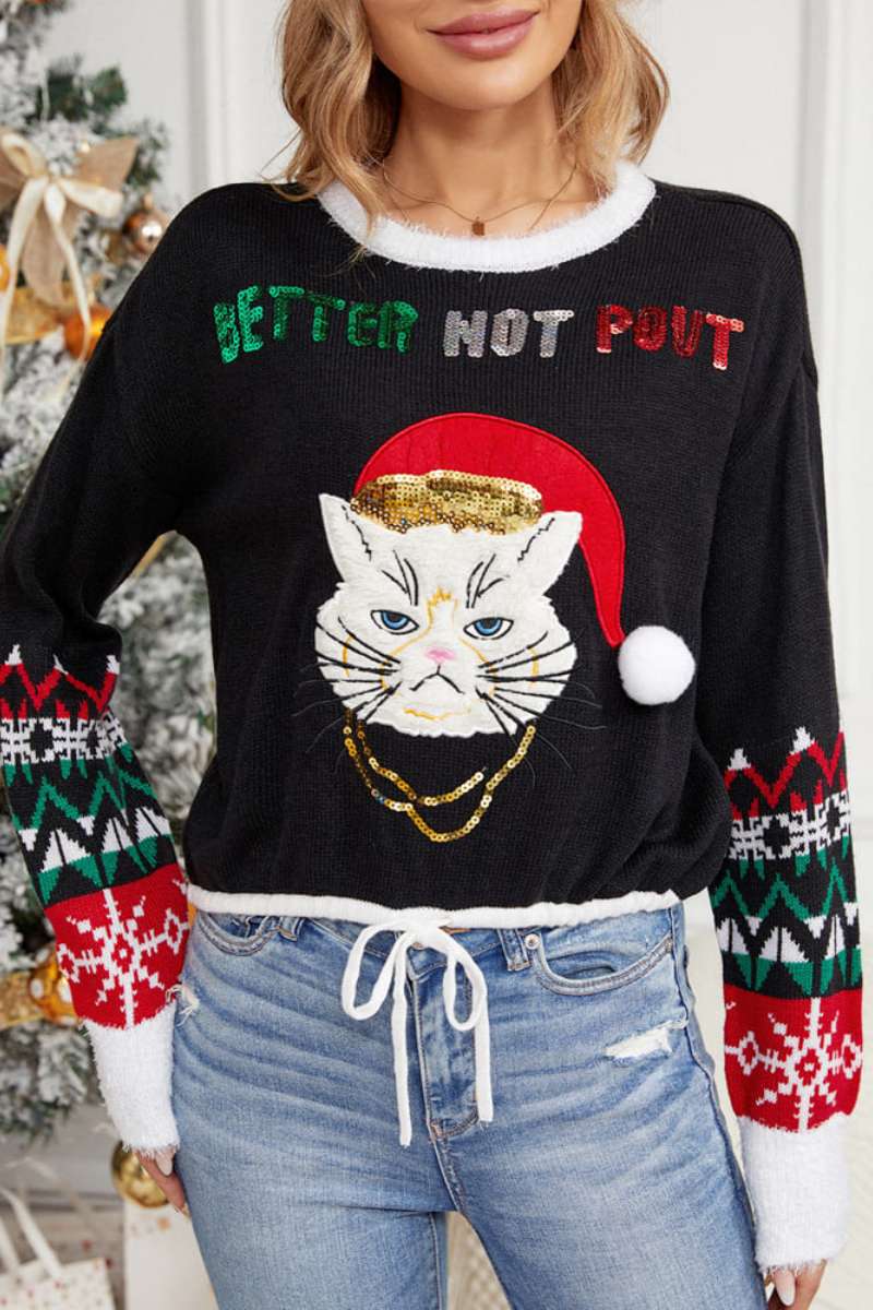 Casual Round Neck Cat Embroidery Sequin Sweater-ROVOLE