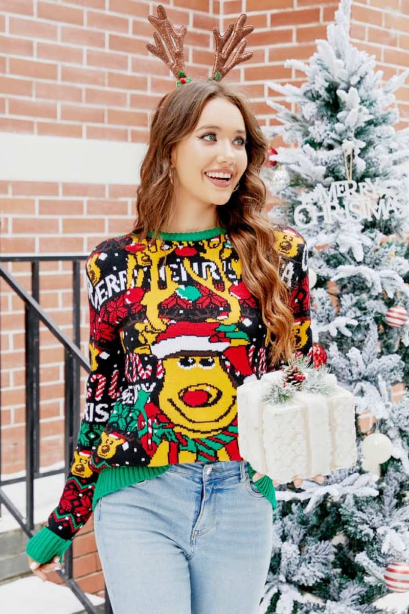 Christmas Cartoon Reindeer Knit Sweater-ROVOLE