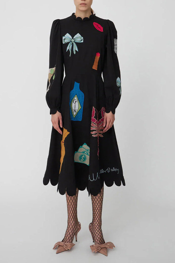 Lobster Graffiti Scallop Trim Midi Dress-ROVOLE