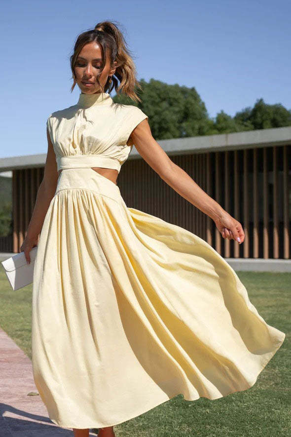 Cutout Waist Pocketed Vacation Midi Dress-ROVOLE