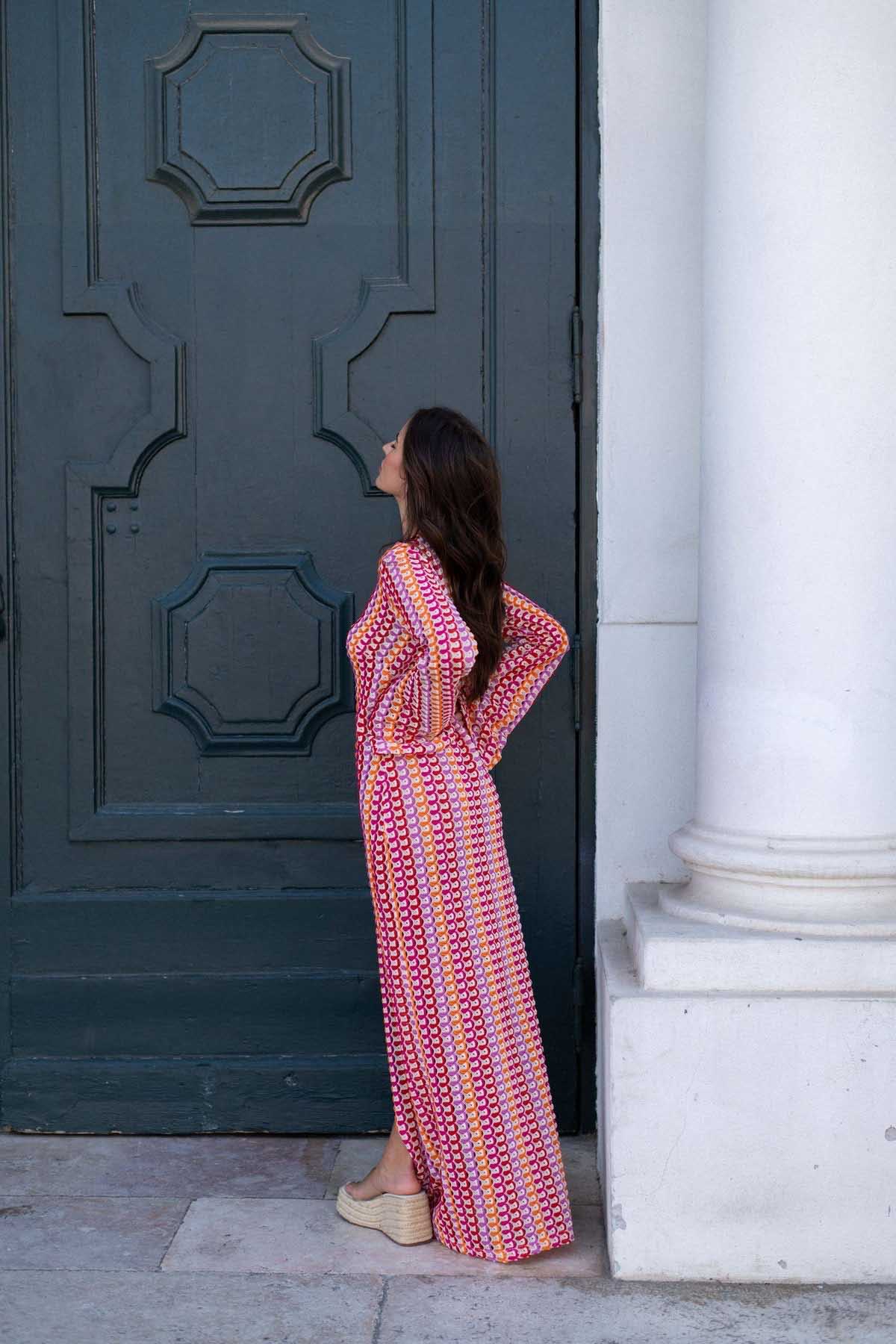 Boho V Neck Bell Sleeve Wavy Striped Crochet Beach Vacation Maxi Dress-ROVOLE