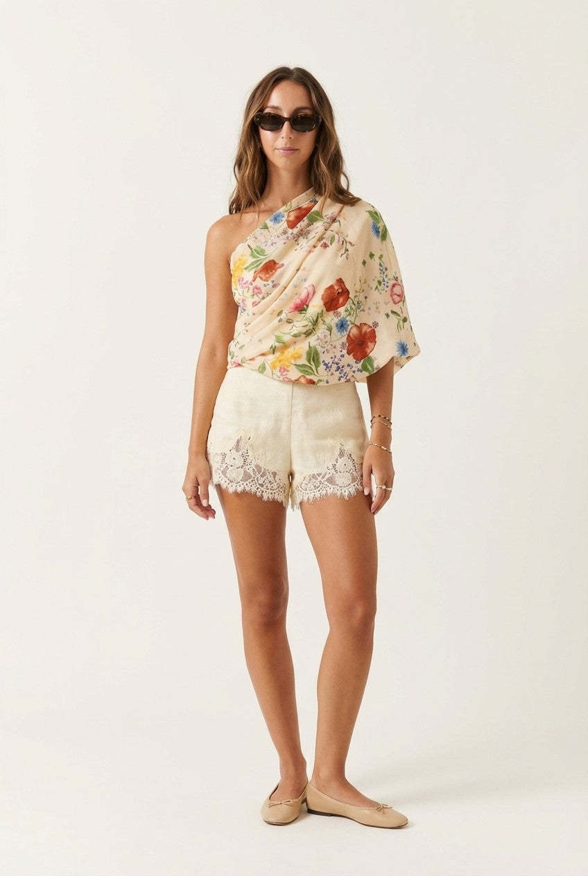 Floria One-Shoulder Floral Top & Linen Shorts Set
