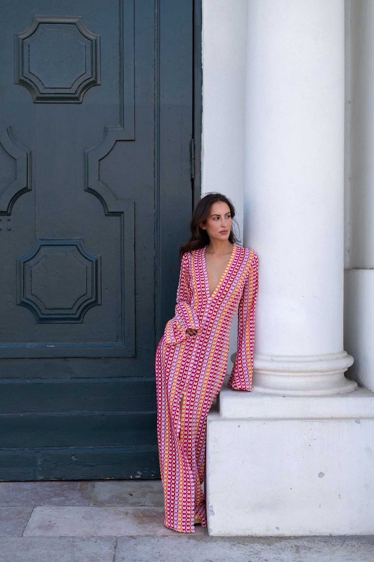 Boho V Neck Bell Sleeve Wavy Striped Crochet Beach Vacation Maxi Dress-ROVOLE