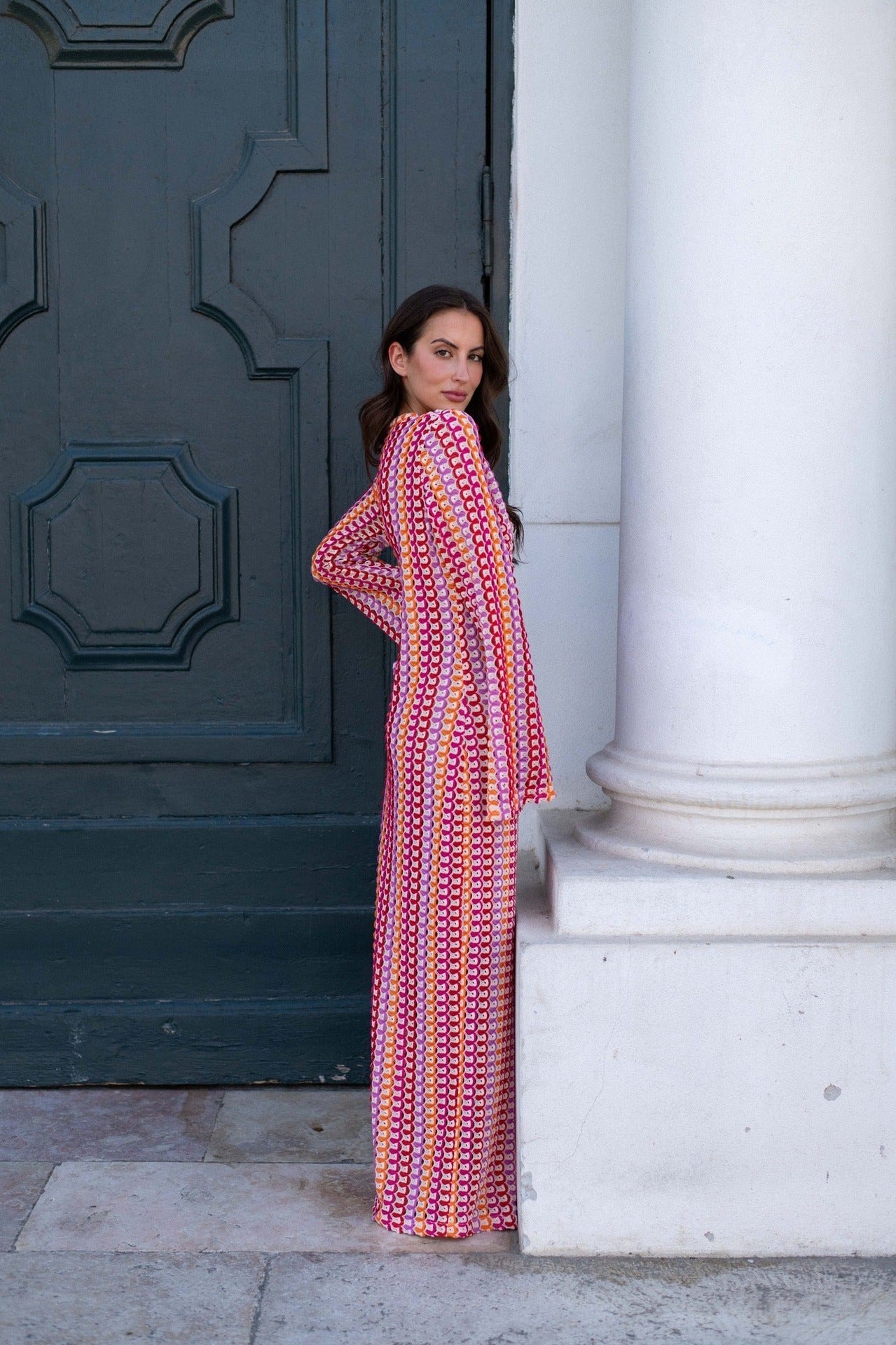 Boho V Neck Bell Sleeve Wavy Striped Crochet Beach Vacation Maxi Dress-ROVOLE