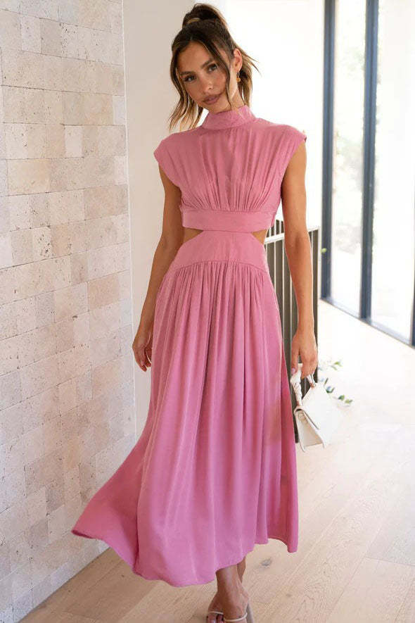 Cutout Waist Pocketed Vacation Midi Dress-ROVOLE