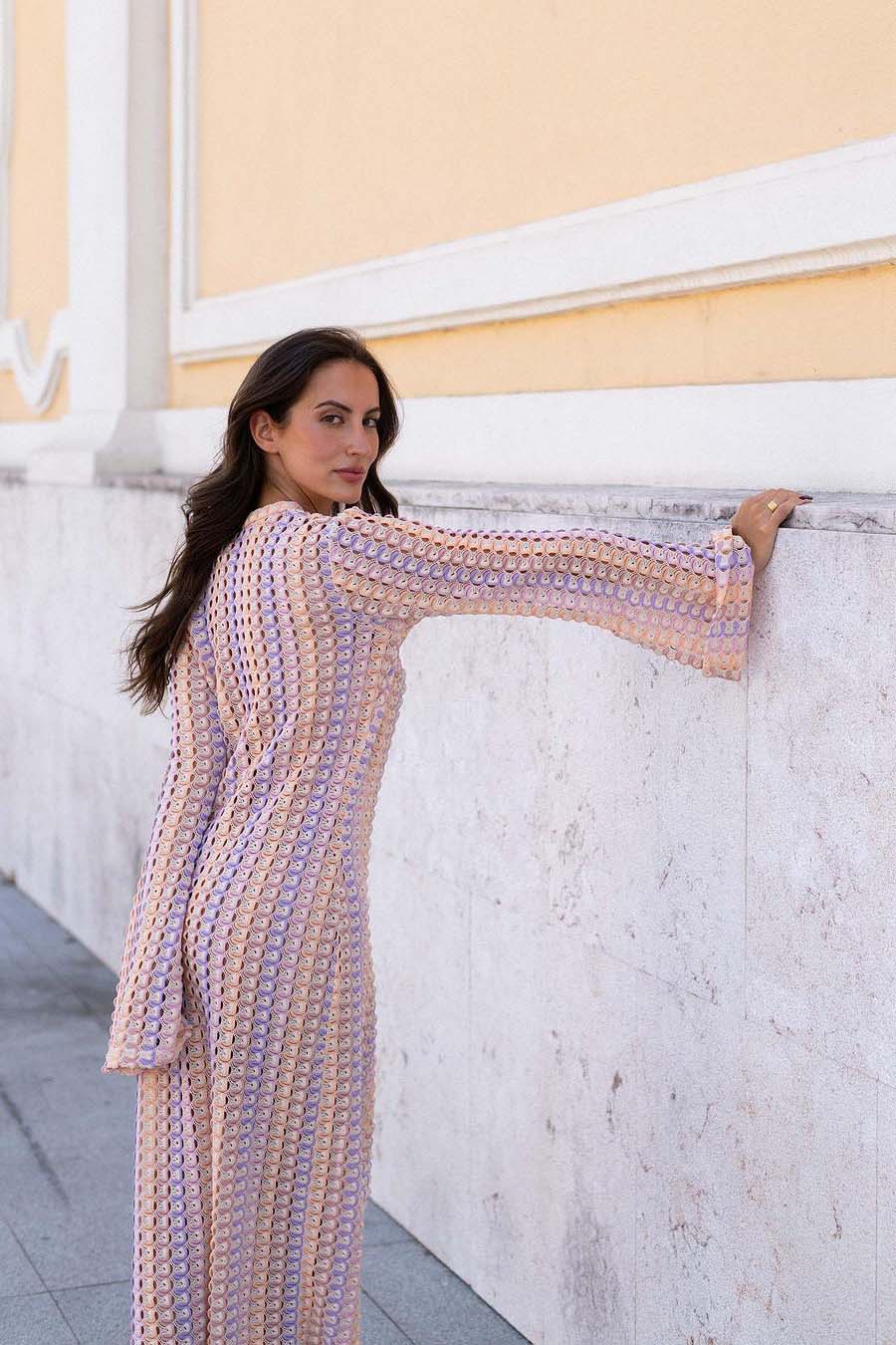 Boho V Neck Bell Sleeve Wavy Striped Crochet Beach Vacation Maxi Dress-ROVOLE