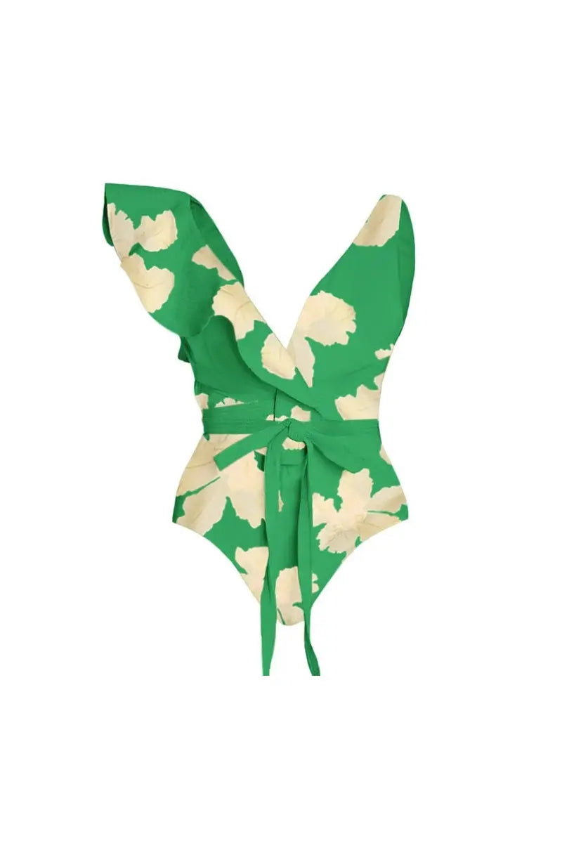 Belted Printed Swimsuits with Wrap Skirt Set-ROVOLE