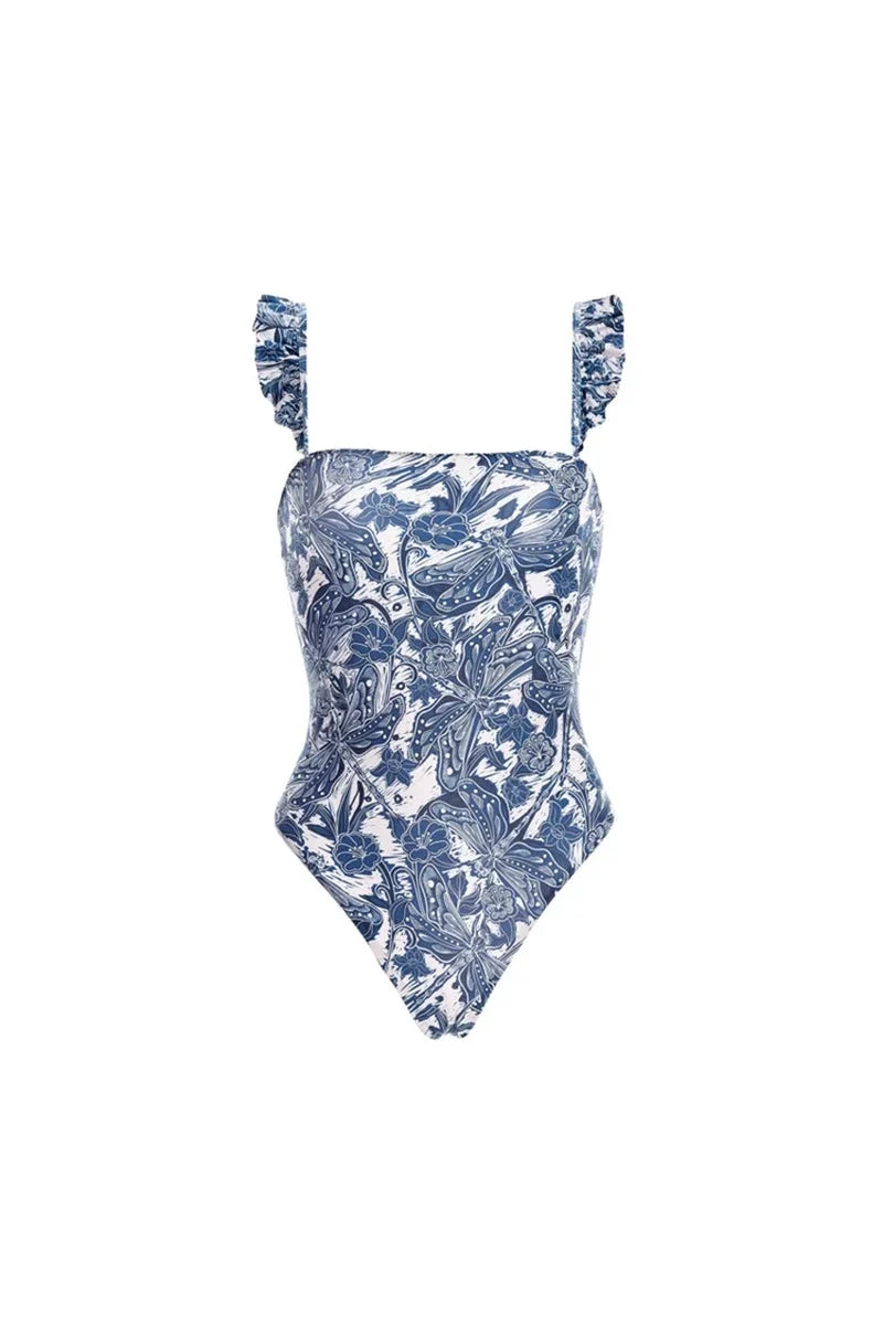 Blue Dragonfly Ruffle Skirt Swimsuit Set-ROVOLE