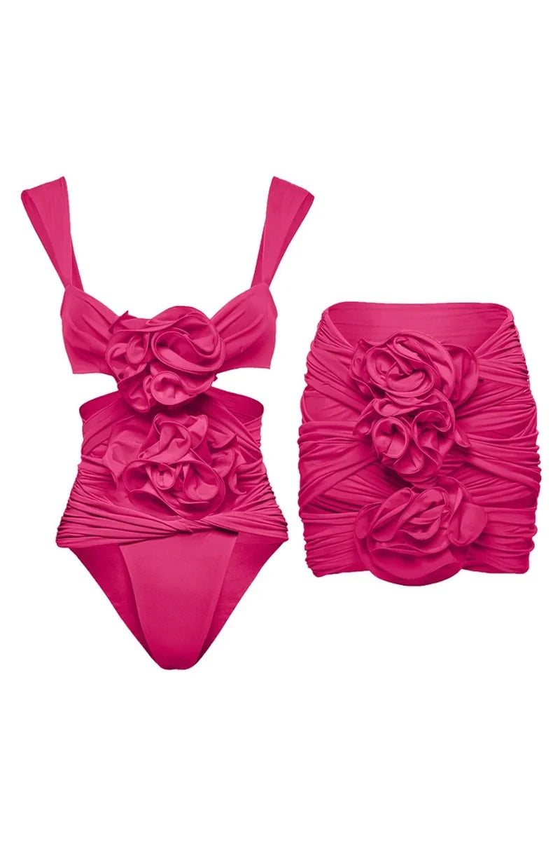 3D Floral Cutout Strappy Swimsuit Set-ROVOLE