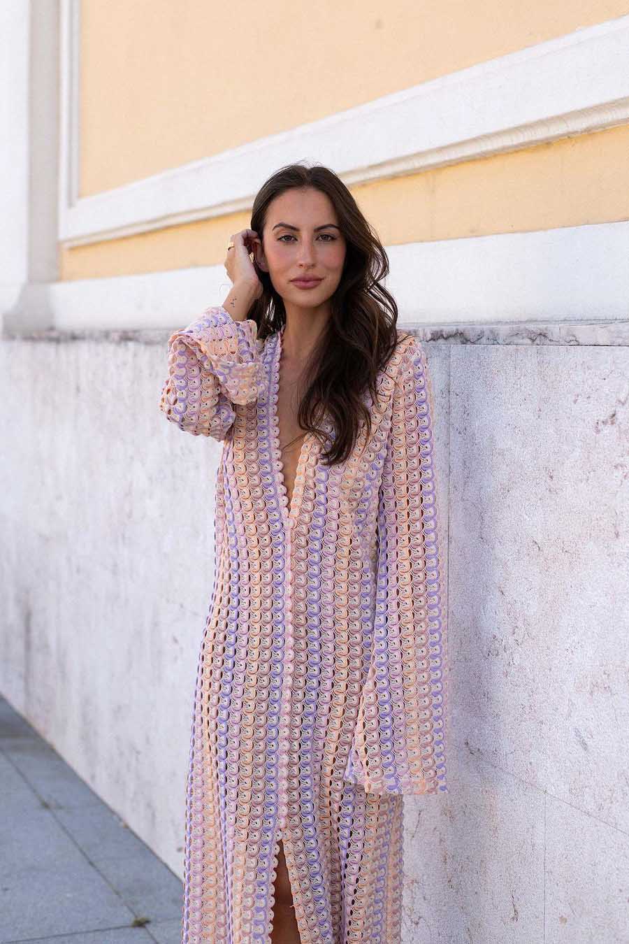 Boho V Neck Bell Sleeve Wavy Striped Crochet Beach Vacation Maxi Dress-ROVOLE