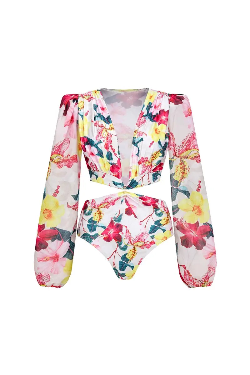 3D Floral Cutout Swimsuit One Piece Set-ROVOLE