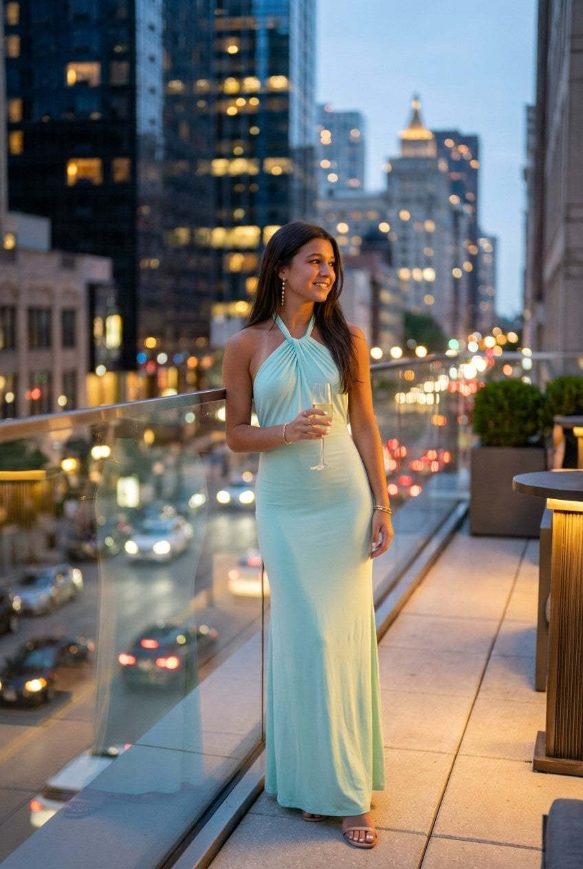 Celestia Halter Mint Maxi Dress