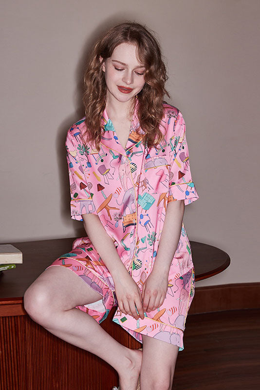 Elephant and Furniture Print Short-Sleeve Loungewear Set-ROVOLE