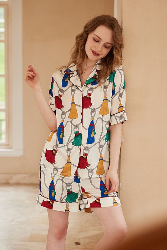 Fringe Pattern Short-Sleeve Loungewear Set-ROVOLE