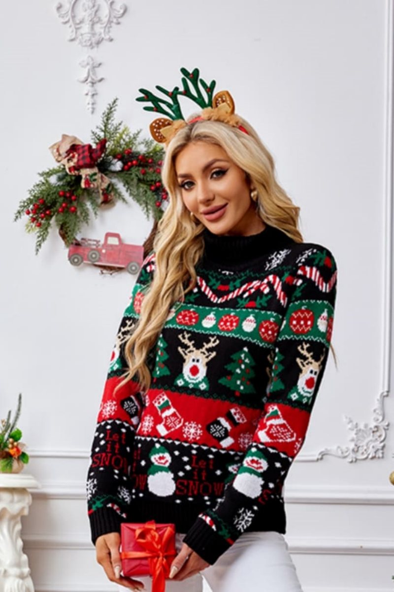 High Neck Christmas Snowman Embroidery Sweater-ROVOLE