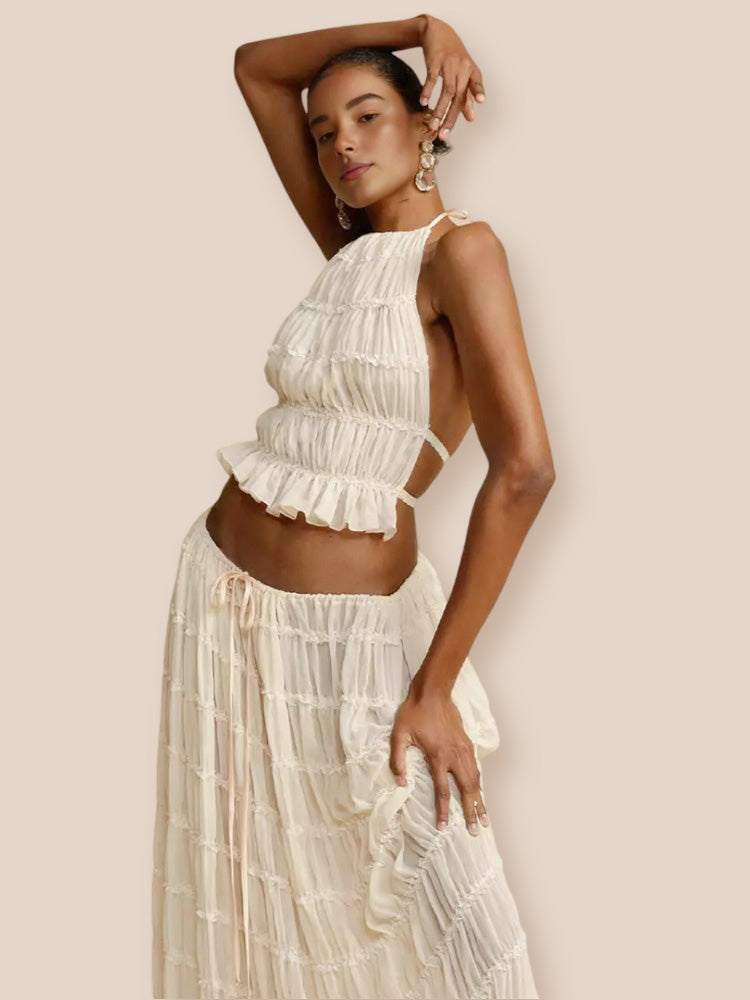 Charm Pleated Drawstring Waist Tiered Maxi Skirt-ROVOLE