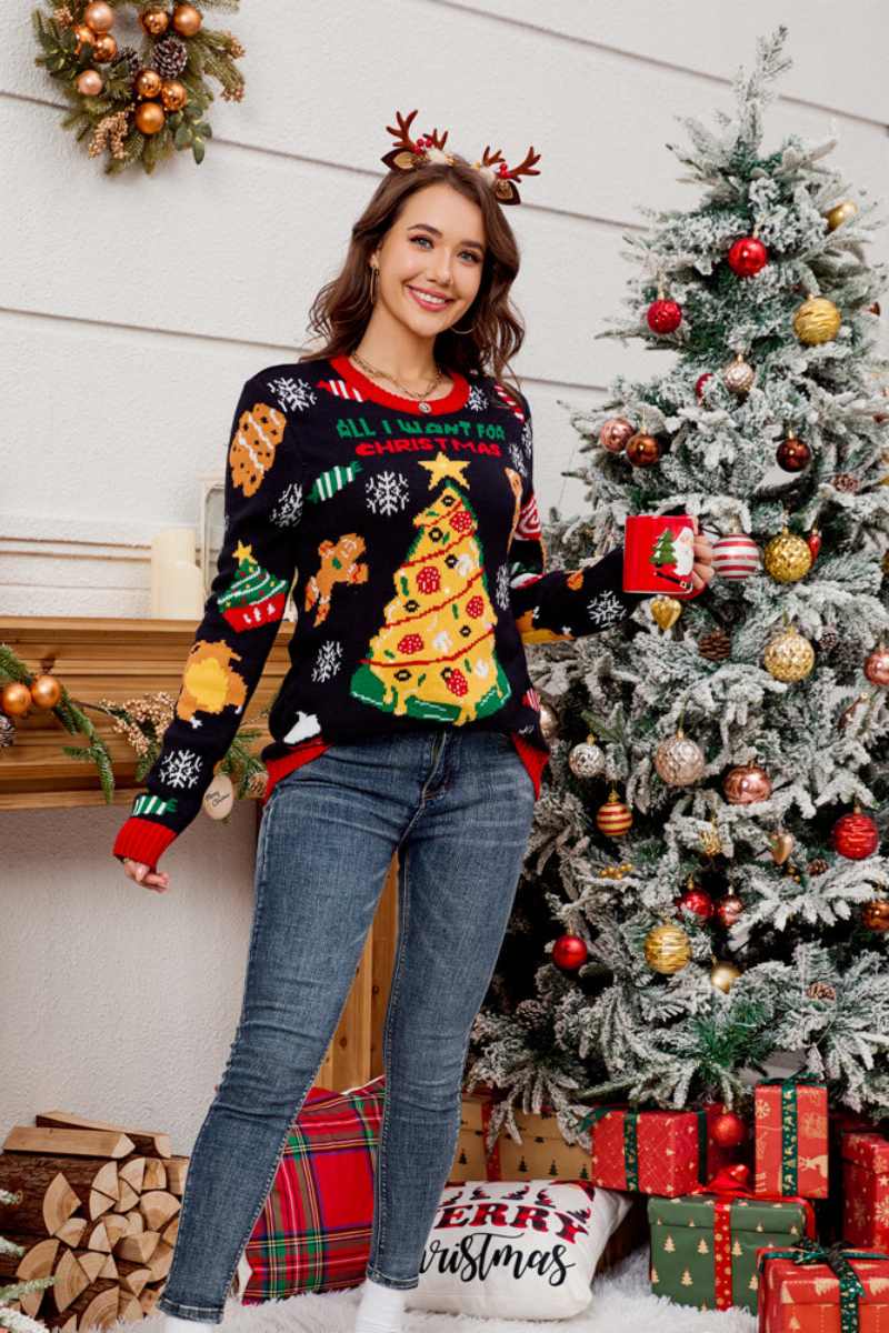 Casual Crewneck Embroidered Christmas Tree Sweater-ROVOLE