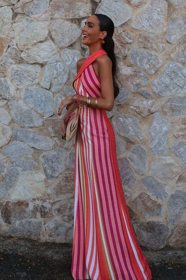 Sunset Samba Cross-Halter Stripe Dress-ROVOLE