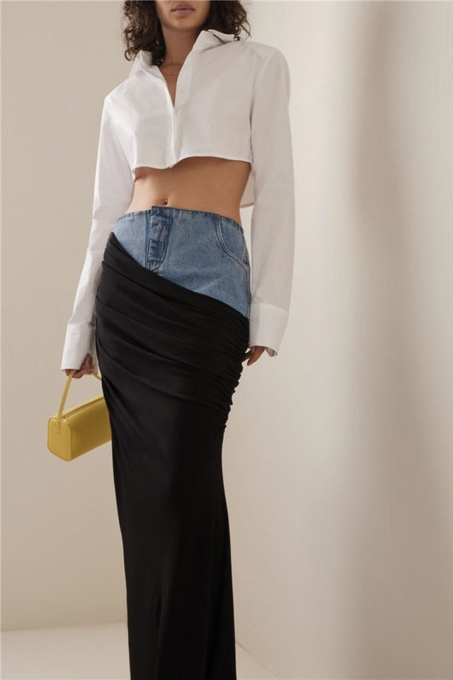 Black Ruched Denim Skirt-ROVOLE