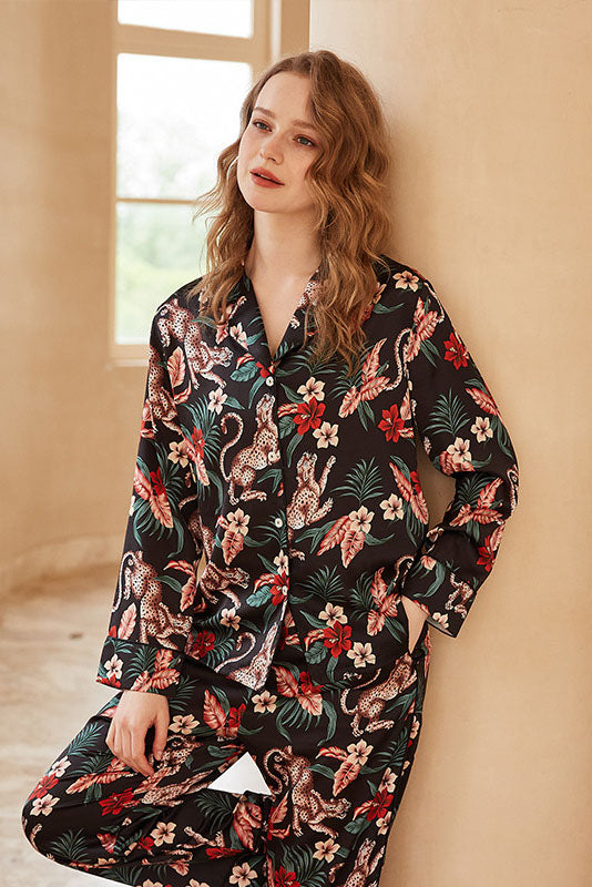 Jaguar and Floral Print Long-Sleeve Loungewear Set-ROVOLE