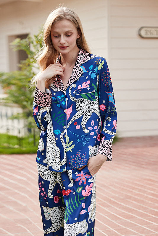 Blue Snow Leopard Print Pajama Set-ROVOLE
