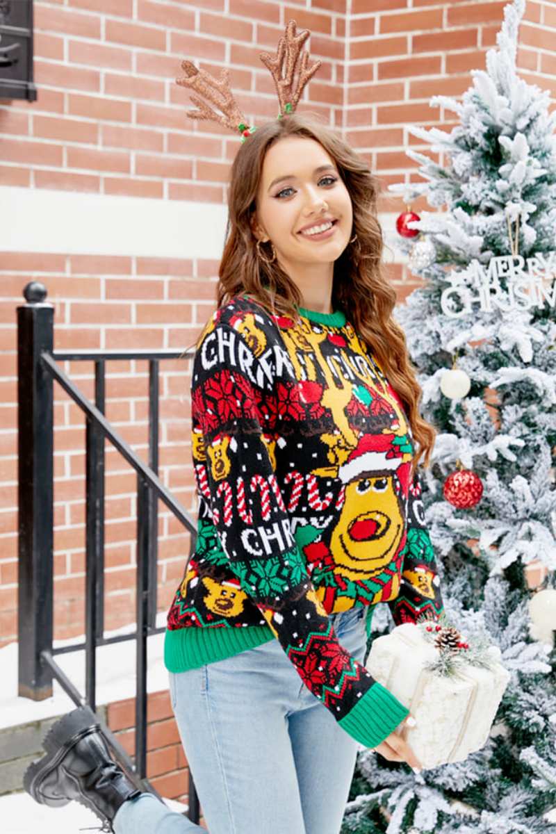 Christmas Cartoon Reindeer Knit Sweater-ROVOLE