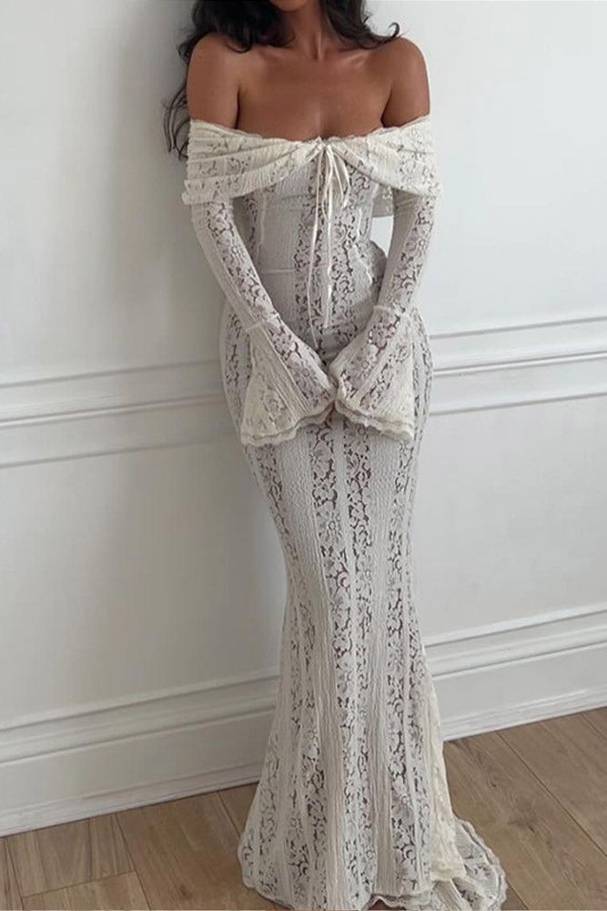 Lace Flared Sleeve off-Shoulder Dress-ROVOLE