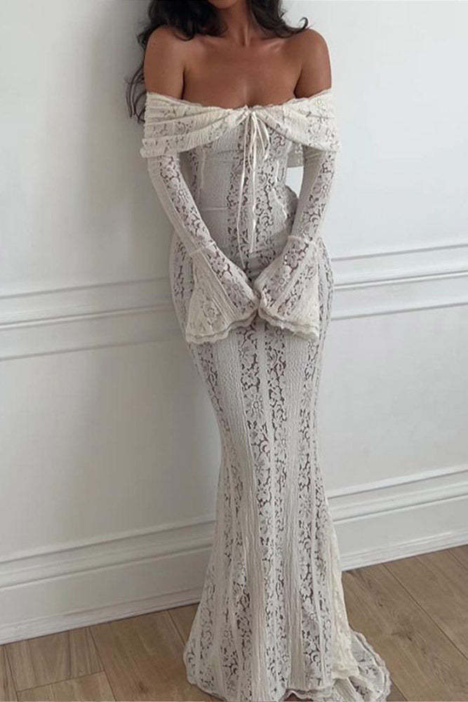 Lace Flared Sleeve off-Shoulder Dress-ROVOLE