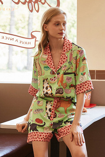 Coffee Cat Shorts Pajama Set-ROVOLE