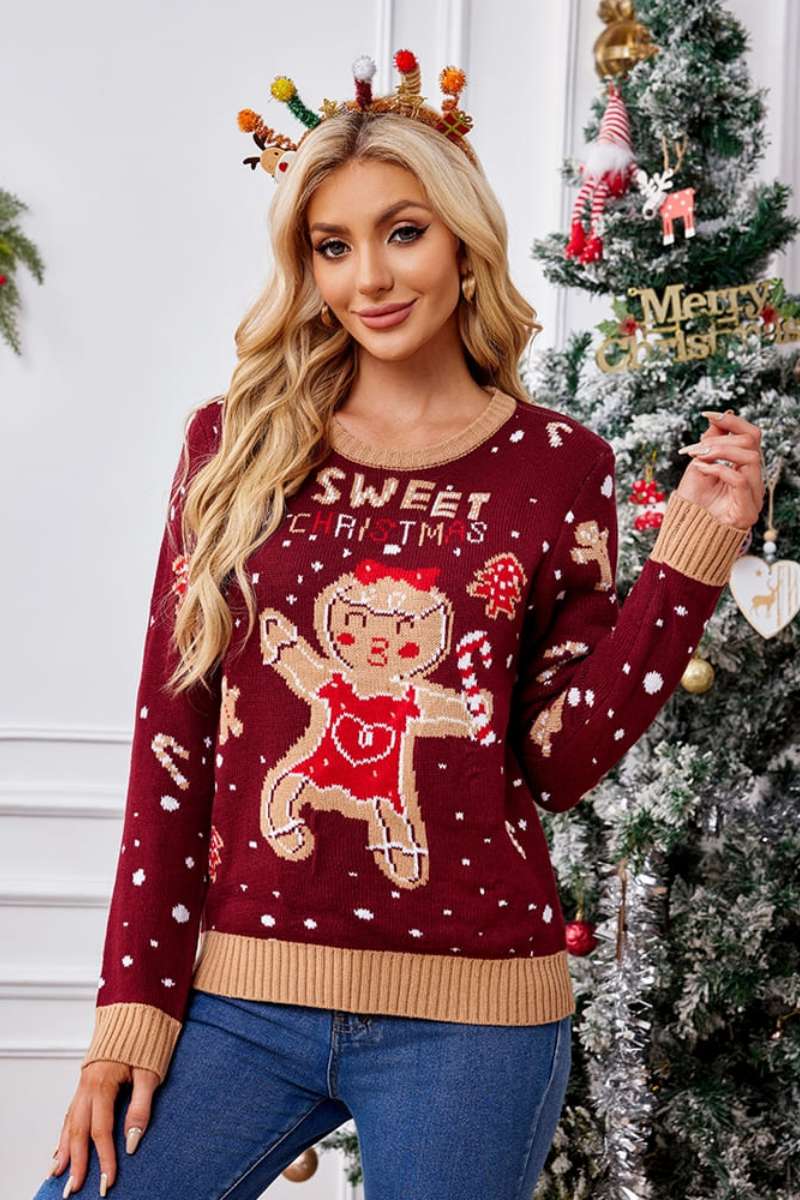 Casual Crewneck Embroidered Sweater – Gingerbread Man-ROVOLE