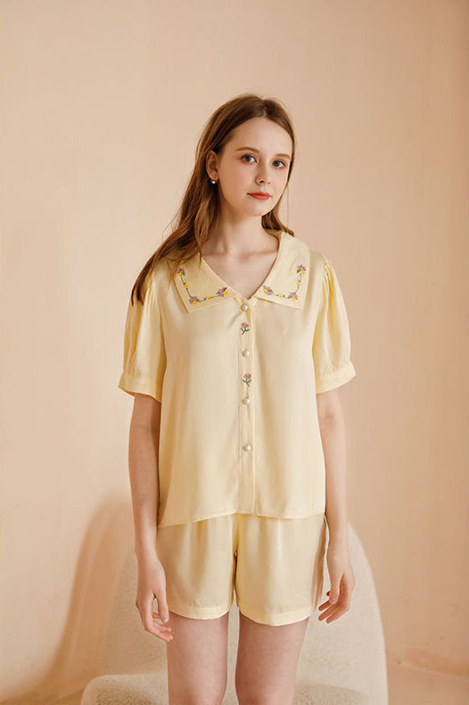 Satin Rose Embroidery Sleepwear Set-ROVOLE