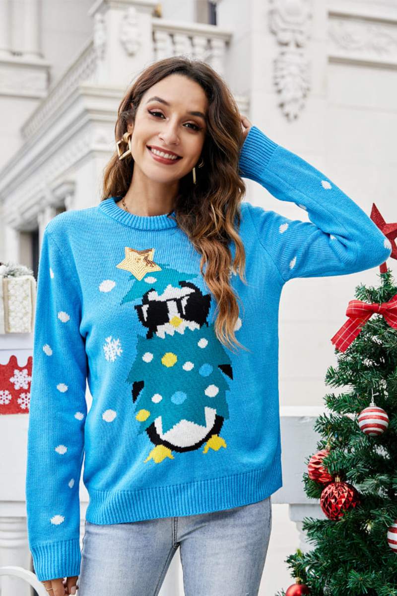 Round Neck Casual Penguin Embroidery Knit Sweater-ROVOLE