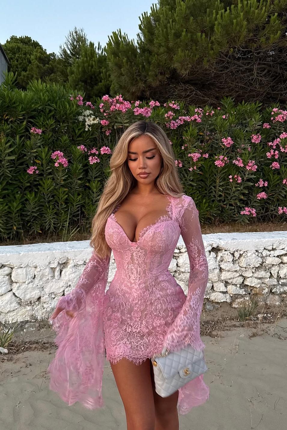 Whispers of Blush Lace Bell-Sleeve Mini Dress-ROVOLE