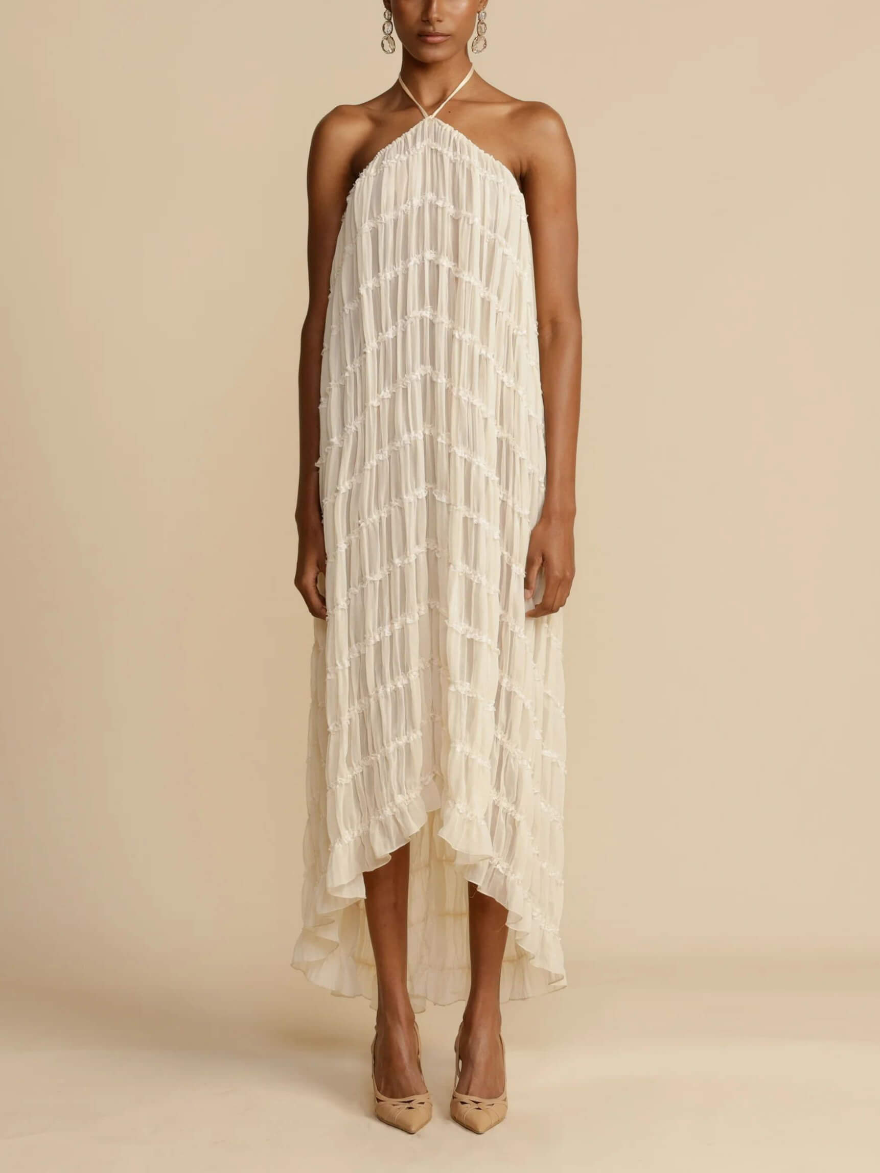 Callistari Charming Pleated Drawstring Waist Tiered Halterneck Midi Dress-CALLISTARI