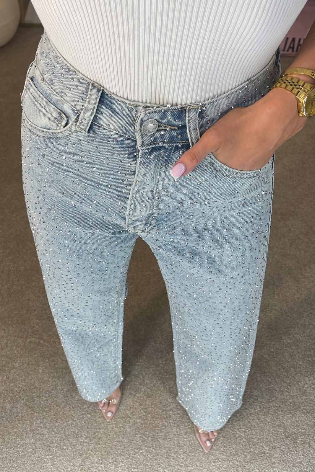 High Waisted Diamanté Straight Leg Jeans-ROVOLE