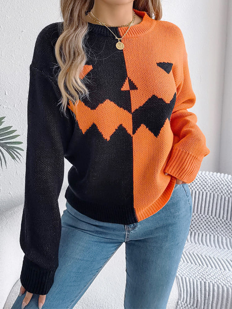 Ghost Pattern Long Sleeve Crew Neck Sweater-ROVOLE