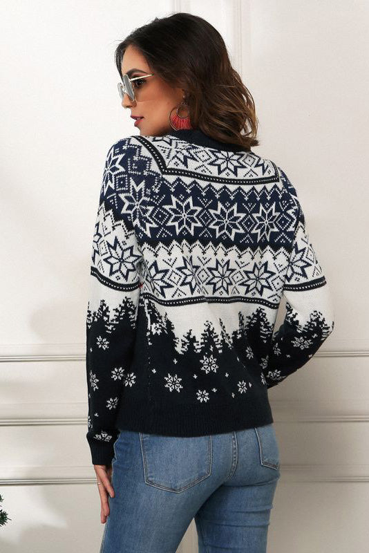 Snowflake and Truck Print Christmas Sweater-ROVOLE