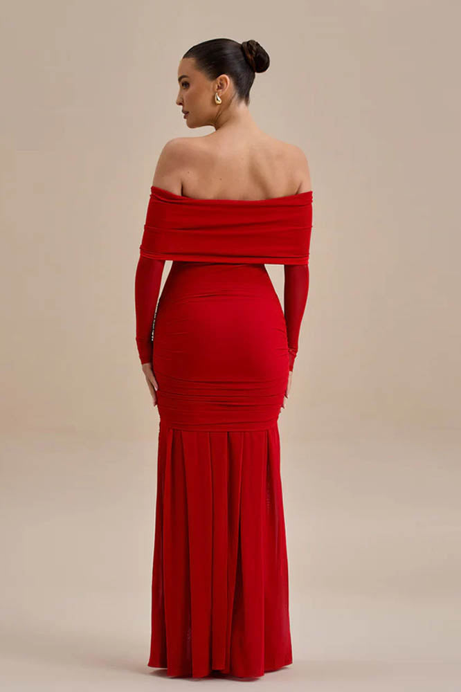 Off-Shoulder 3D Floral Bodycon Maxi Dress-ROVOLE