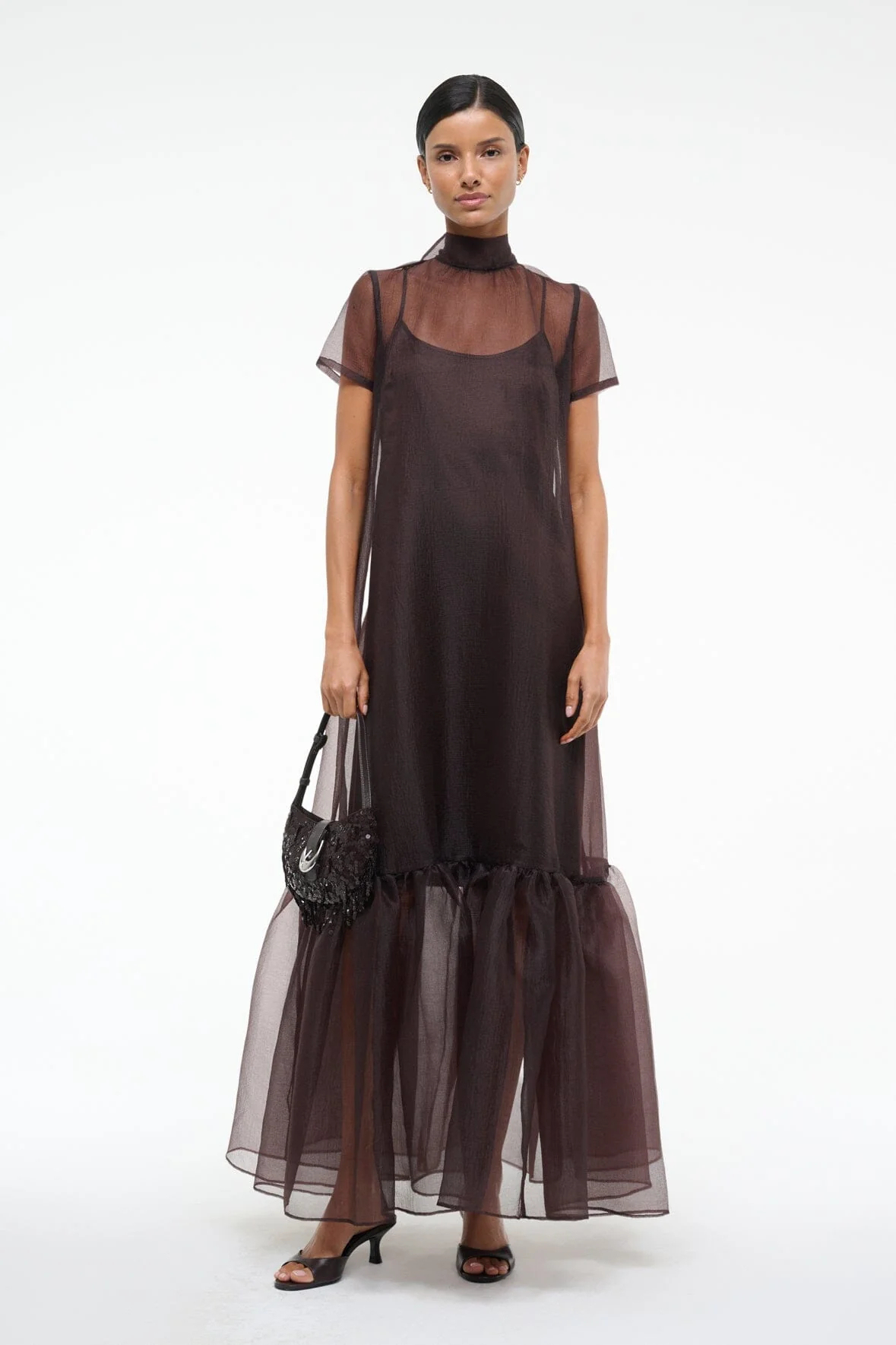 Sheer Turtleneck Bow-Back Tiered Maxi Dress