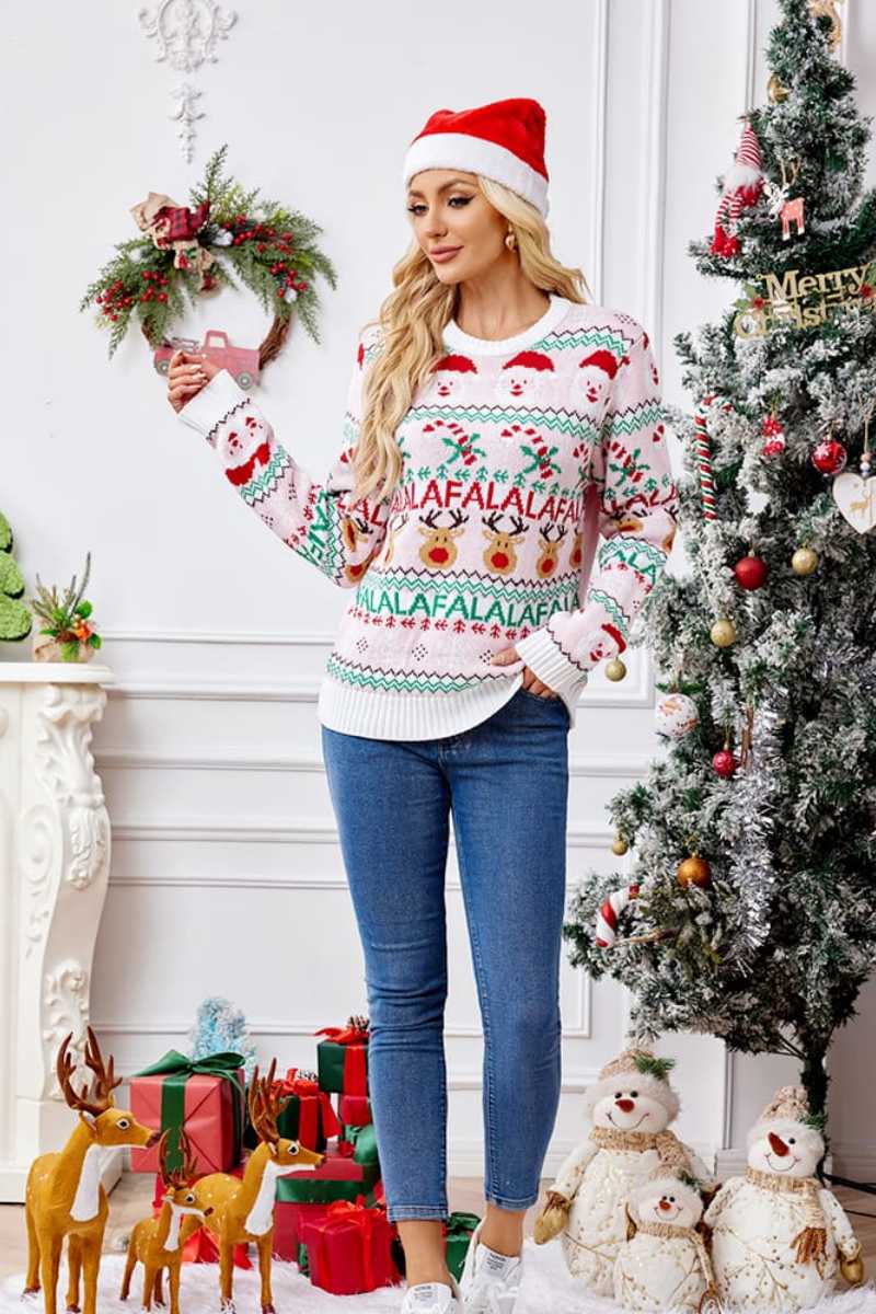 Loose-Fit Round Neck Christmas Cartoon Knit Sweater - Pink-ROVOLE