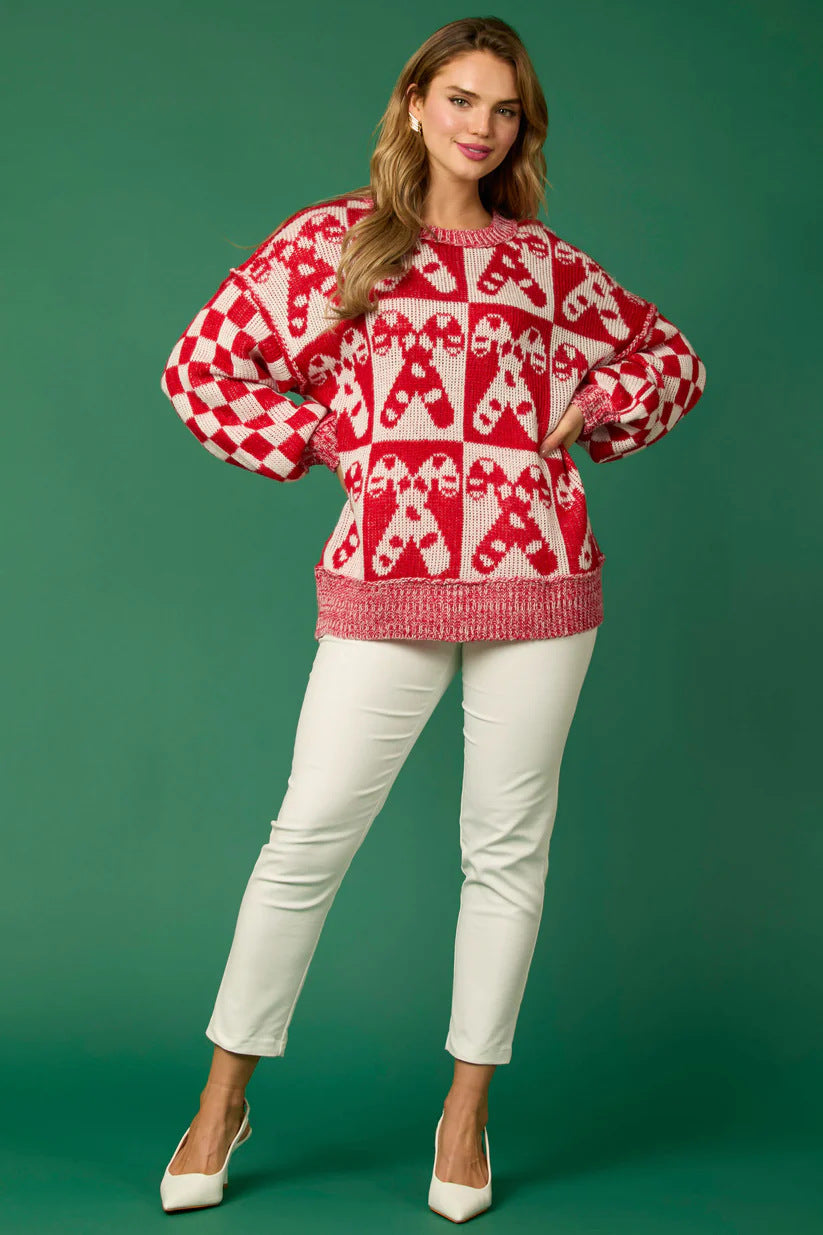 Candy Cane Christmas Needles & Gingerbread Man Knit Sweater-ROVOLE