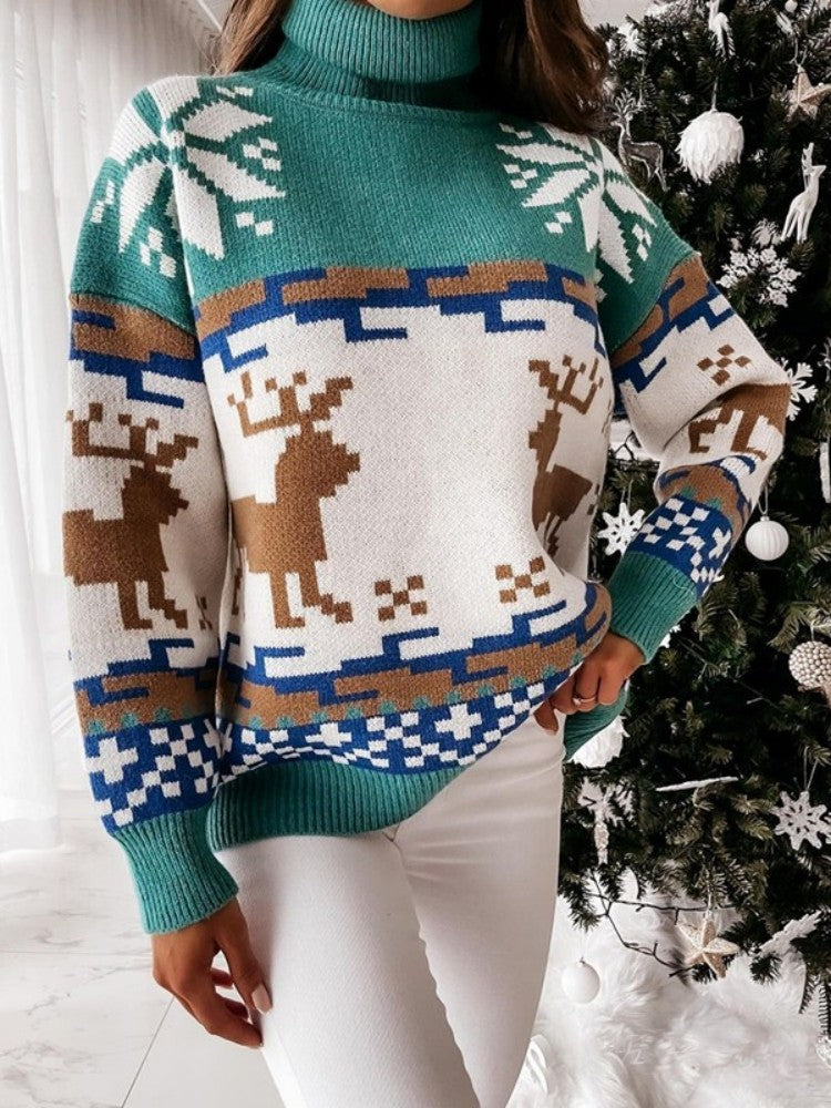 Knit Pullover with Embroidered Reindeer and Snowflake Design-ROVOLE